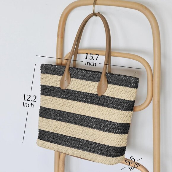 Striped Synthetic Straw Women's Tote Light Weight Vaction Shoulder Handbag - Picture 2 of 5
